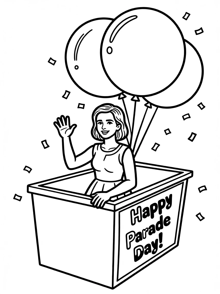 Emma Watson waving from a parade float with balloons and confetti – a fun and kid-friendly coloring page.