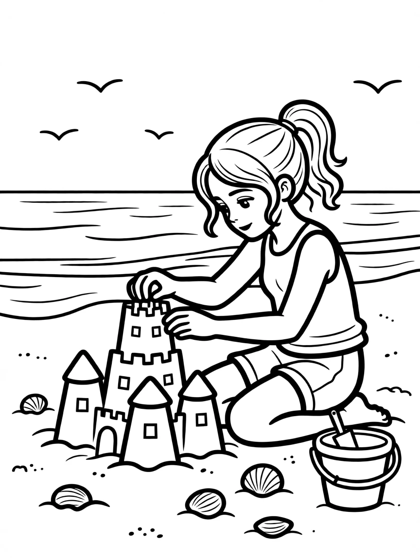 Emma Stone building a sandcastle at the beach.