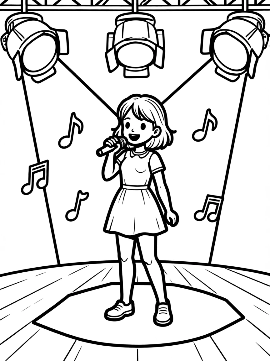 Camila Cabello singing on a big concert stage with musical notes and lights.