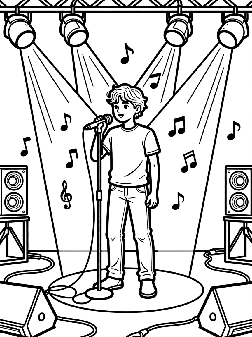 Timothée Chalamet singing on a big concert stage with musical notes and lights.