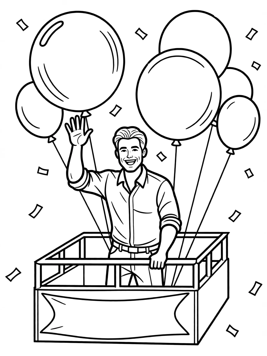 Ryan Reynolds waving from a parade float with balloons and confetti.