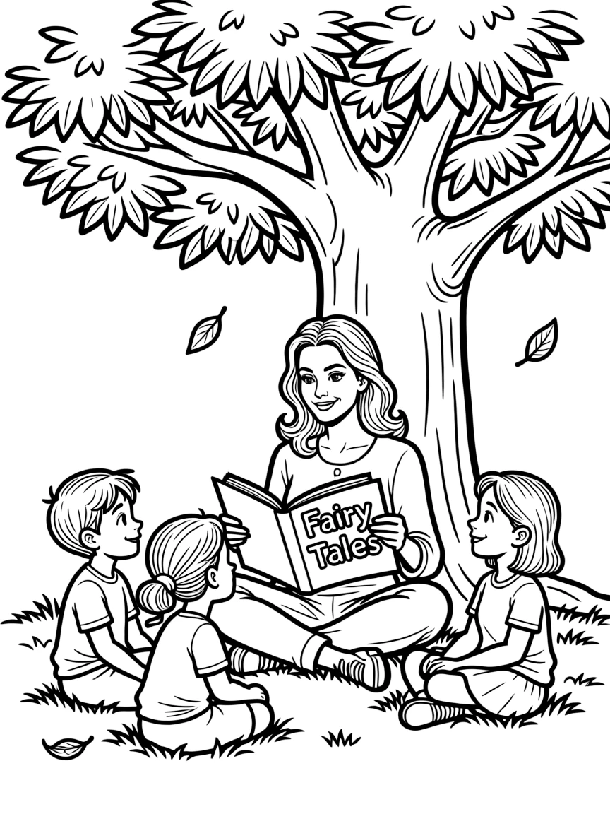 Angelina Jolie reading a storybook to children under a tree.