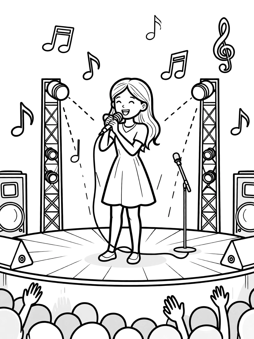 Blake Lively singing on a big concert stage with musical notes and lights.