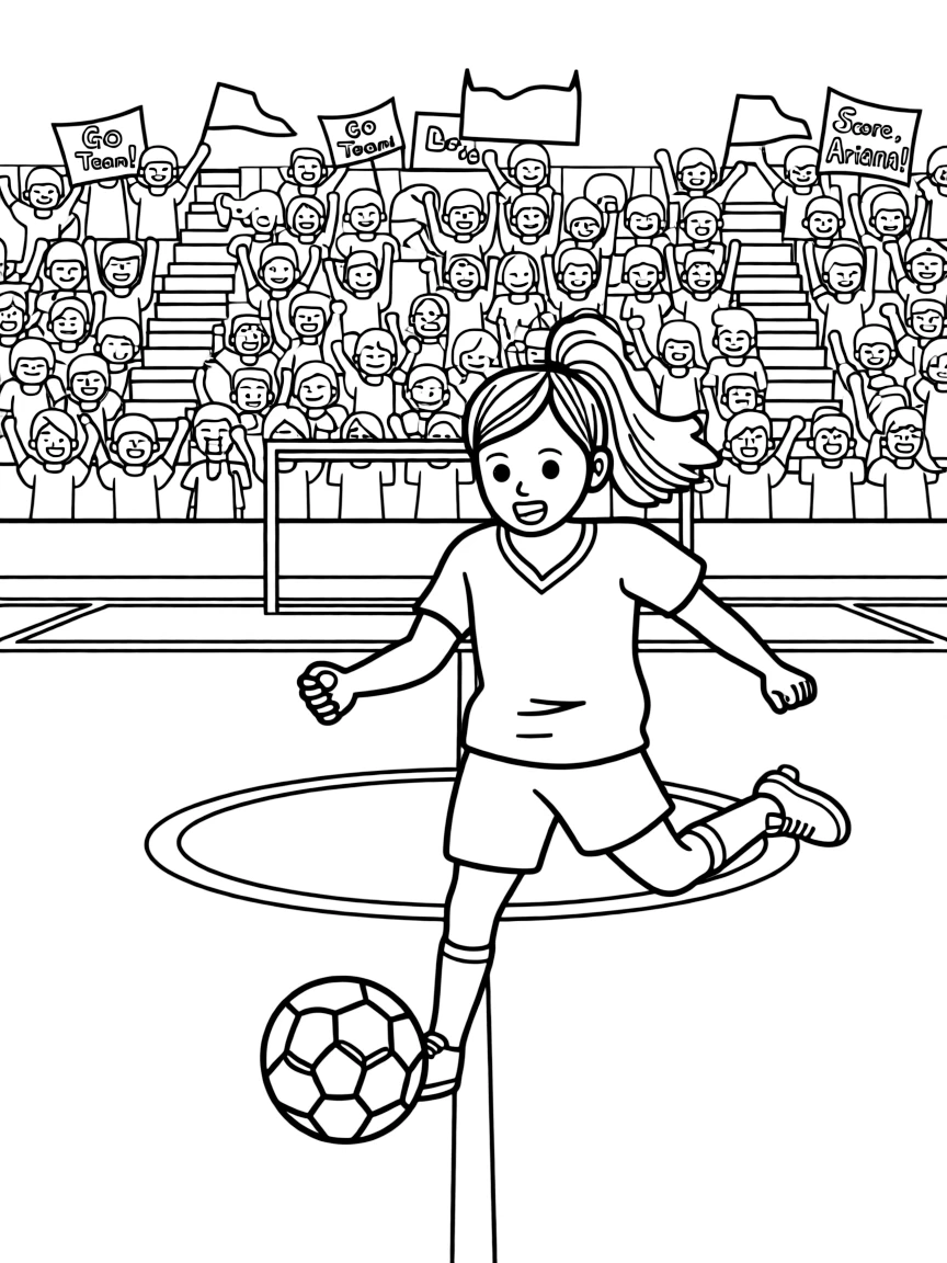 Ariana Grande playing soccer on a field with cheering fans in the stands.