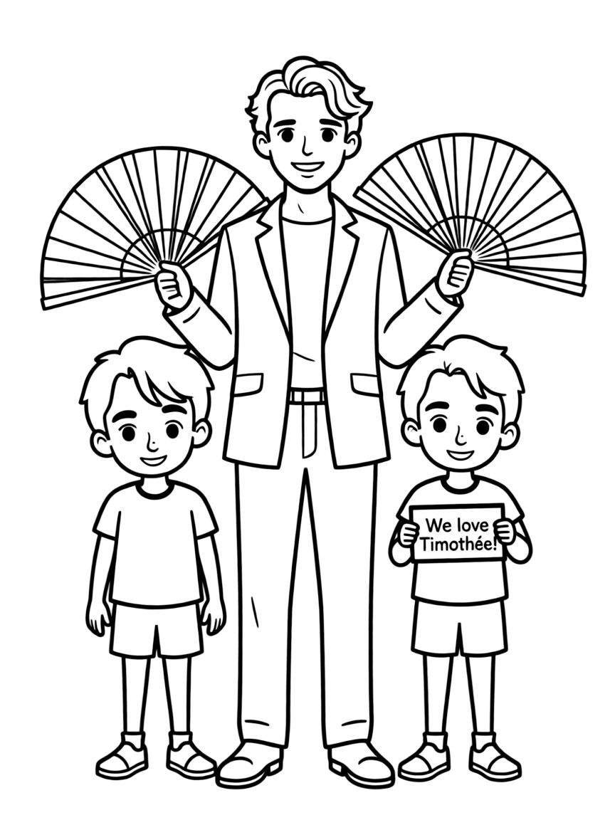 Timothée Chalamet posing with cartoon versions of their fans.