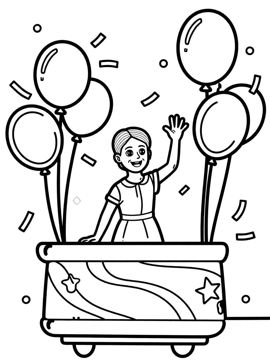 Millie Bobby Brown waving from a parade float with balloons and confetti.