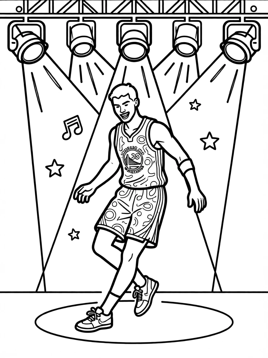 Stephen Curry dancing on a stage with spotlights and fun outfits.