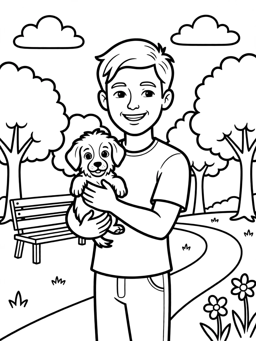Ryan Reynolds smiling and holding a puppy with a park background.
