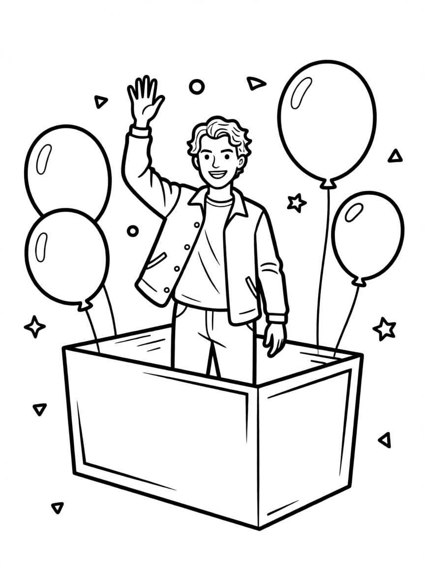 Timothée Chalamet waving from a parade float with balloons and confetti.