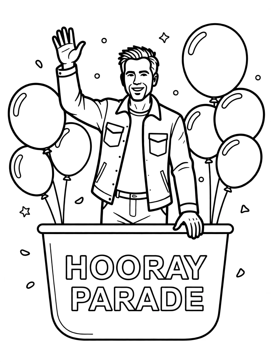 Robert Downey Jr. waving from a parade float with balloons and confetti.