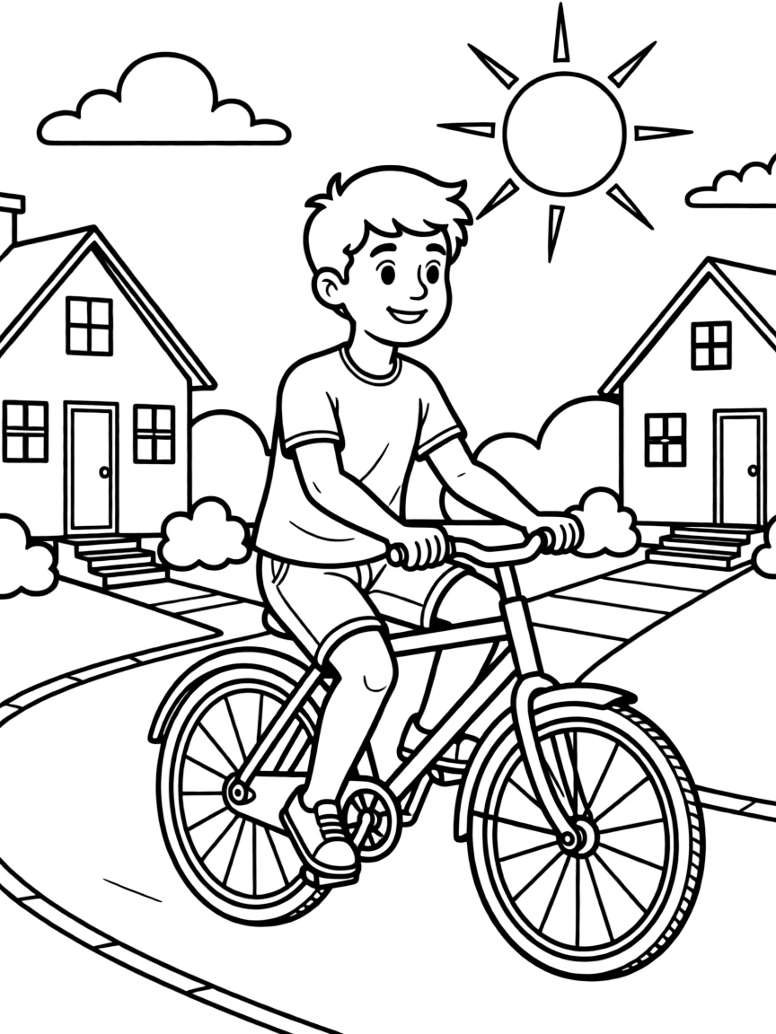 Stephen Curry riding a bicycle through a sunny neighborhood.