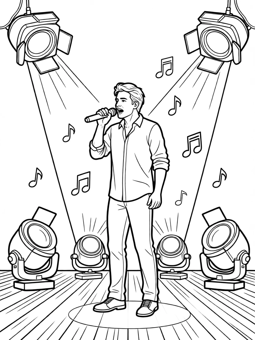 Robert Downey Jr. singing on a big concert stage with musical notes and lights.