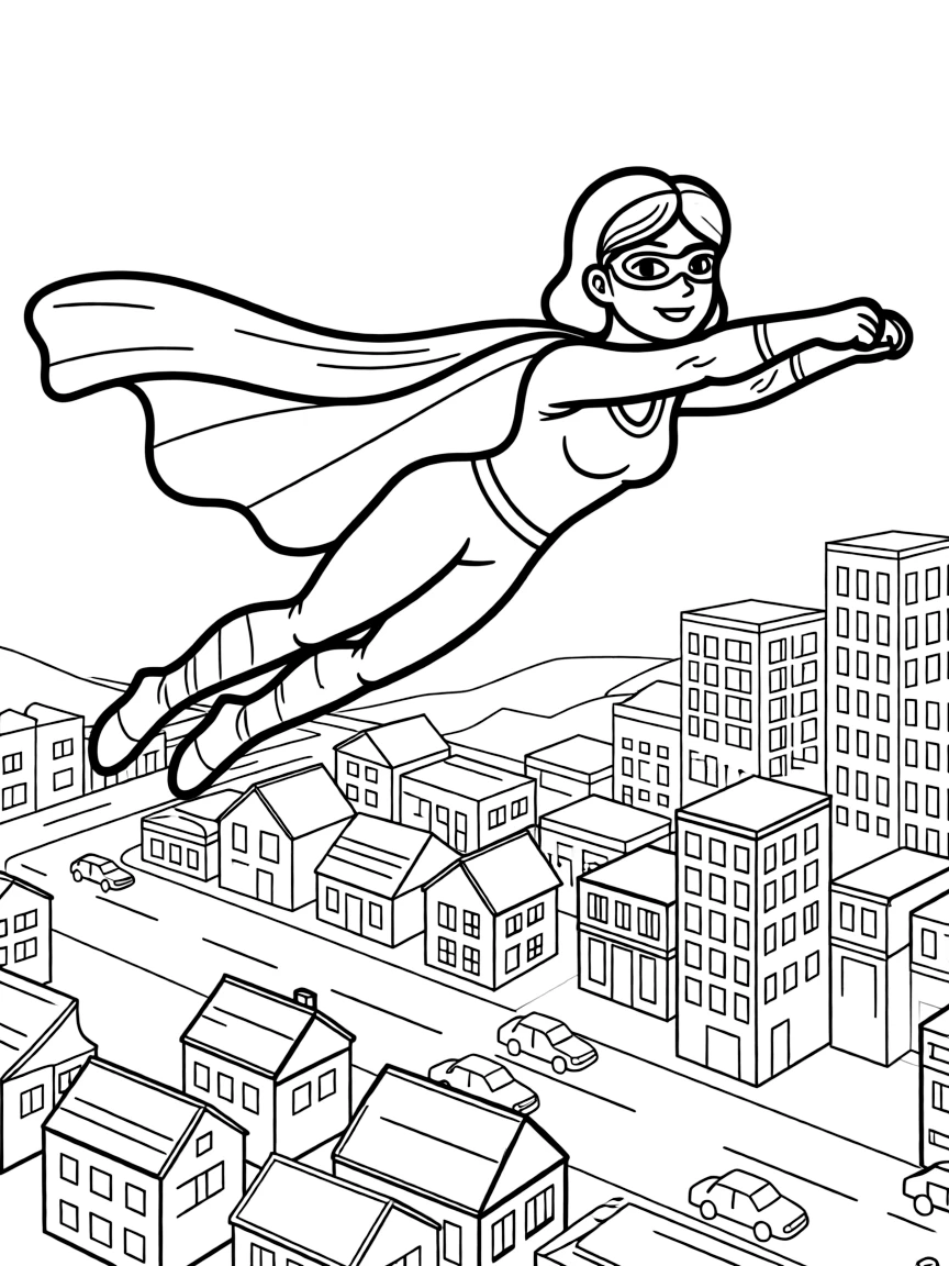 Blake Lively wearing a superhero cape and flying over a cityscape.