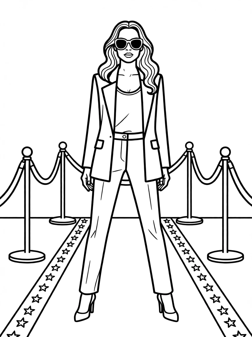 Angelina Jolie posing with sunglasses and a cool outfit on the red carpet.
