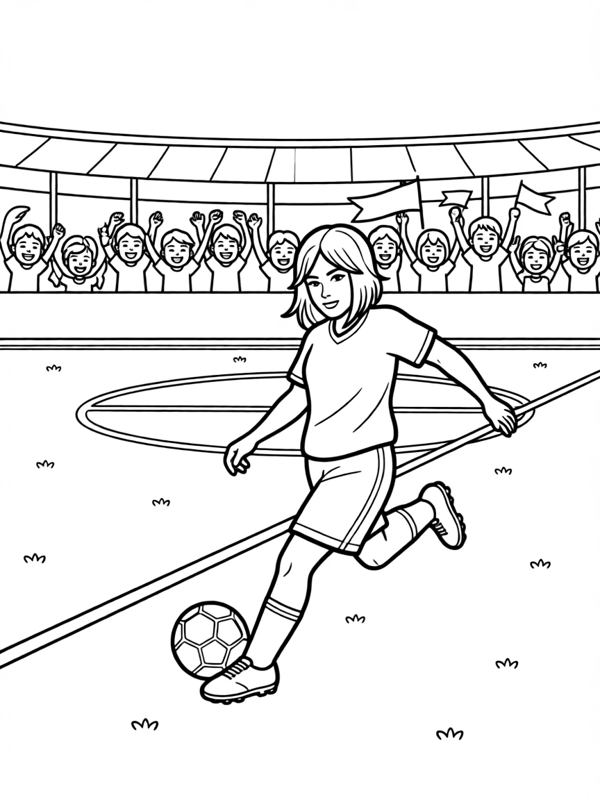 Billie Eilish playing soccer on a field with cheering fans in the stands.
