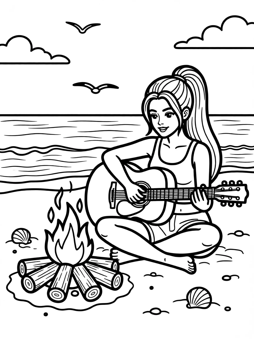 Ariana Grande playing guitar at a beach bonfire.