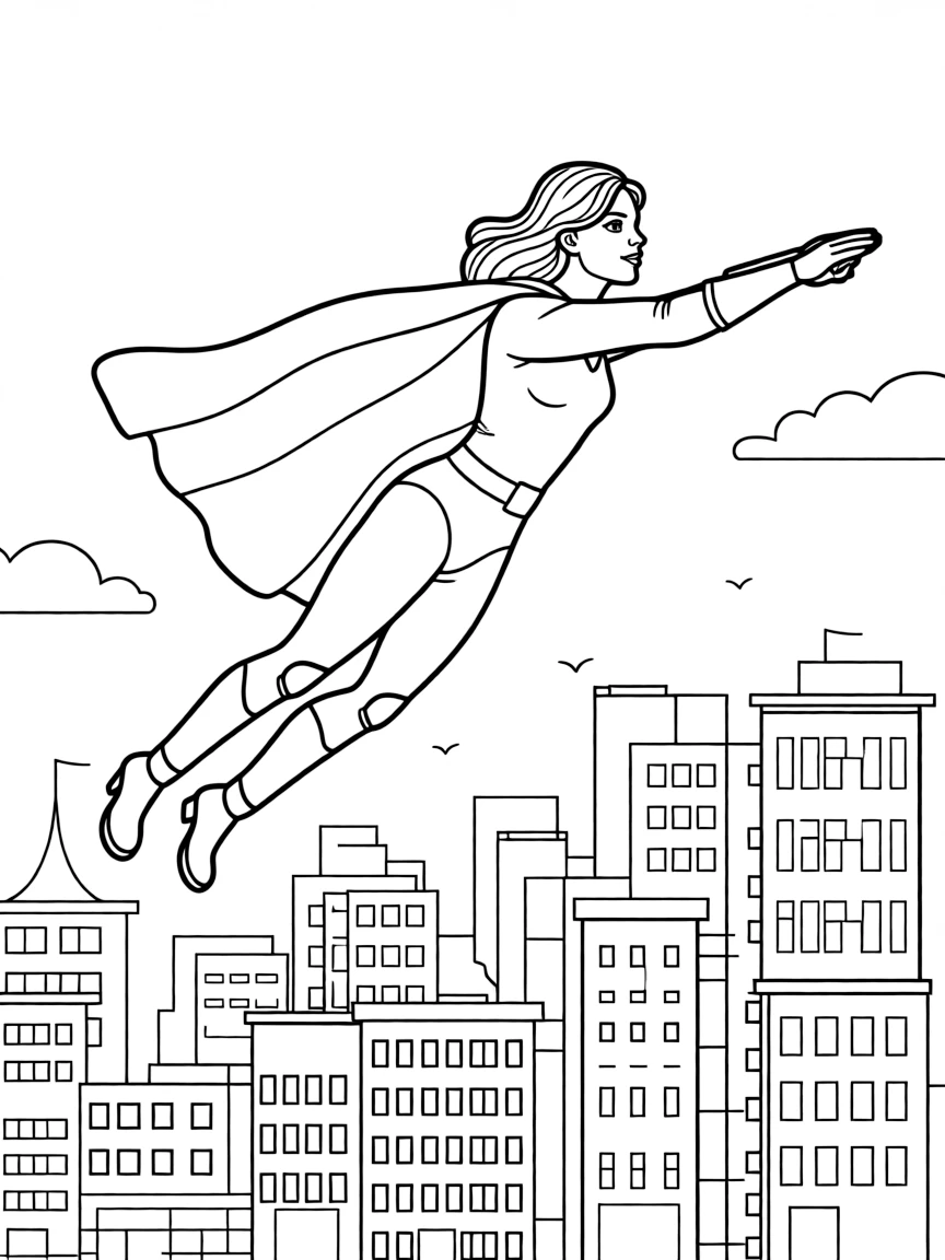 Anne Hathaway wearing a superhero cape and flying over a cityscape.