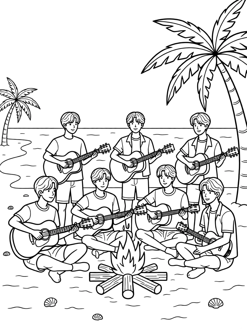 BTS Members playing guitar at a beach bonfire.