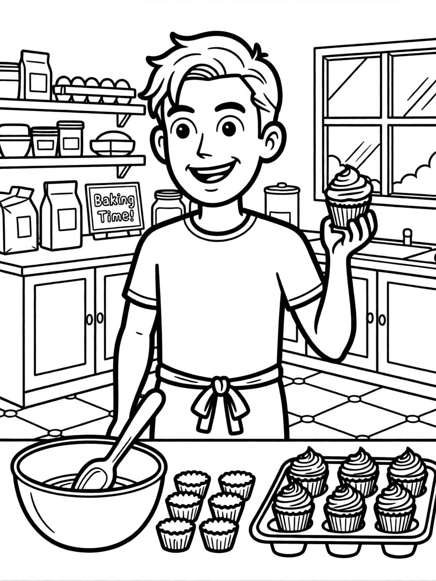 PewDiePie baking cupcakes in a colorful kitchen.