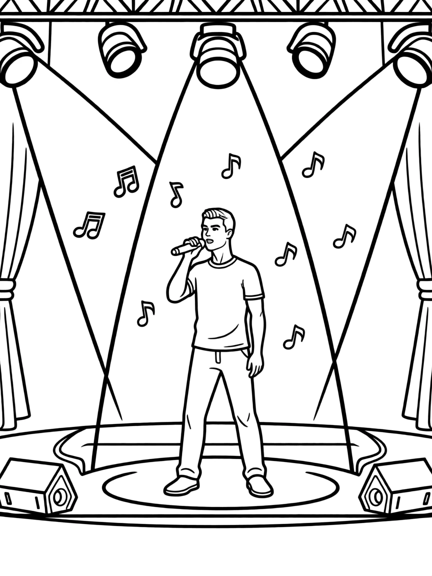 Cristiano Ronaldo singing on a big concert stage with musical notes and lights.