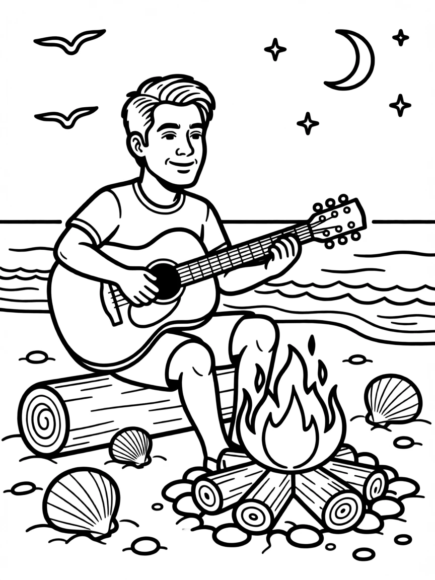 Robert Downey Jr. playing guitar at a beach bonfire.