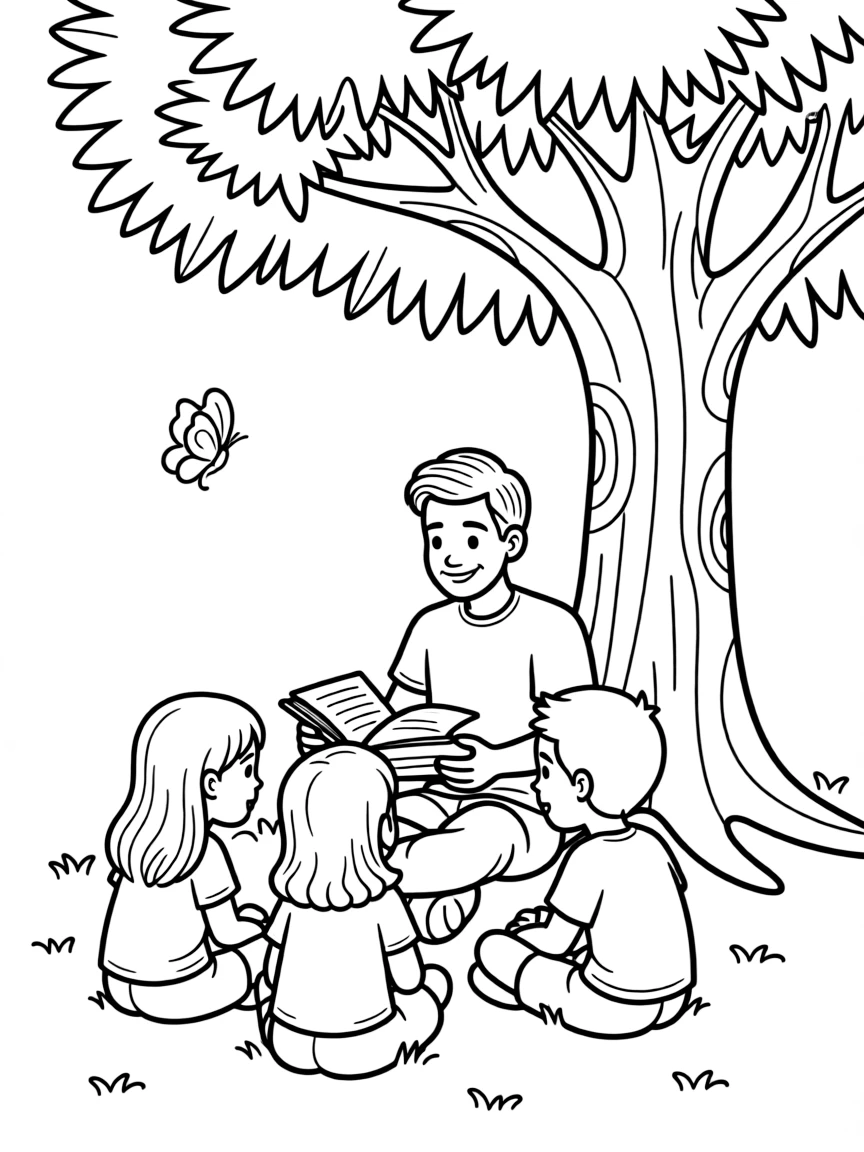 Bruno Mars reading a storybook to children under a tree.