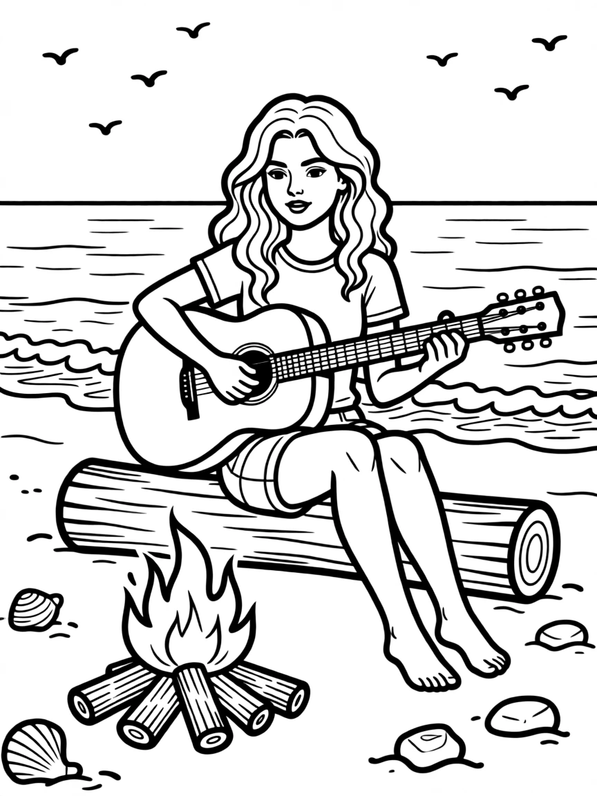 Selena Gomez playing guitar at a beach bonfire.
