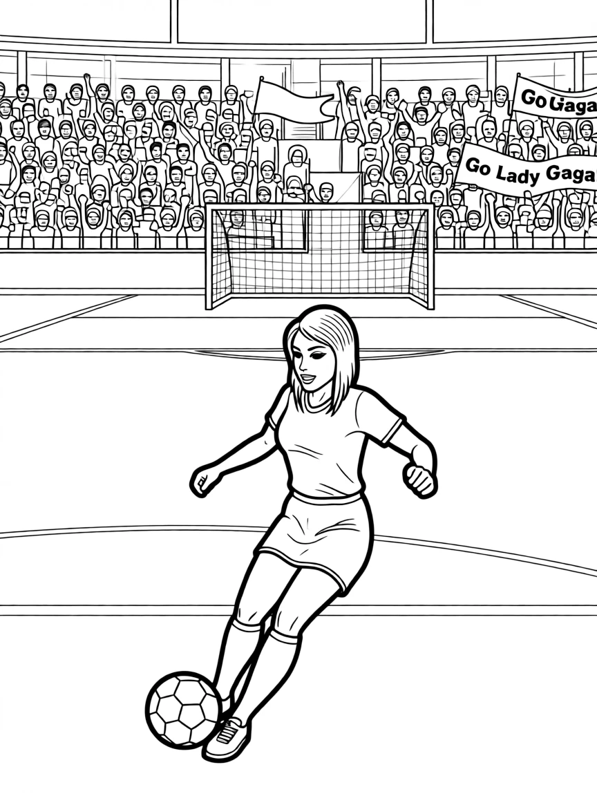 Lady Gaga playing soccer on a field with cheering fans in the stands.