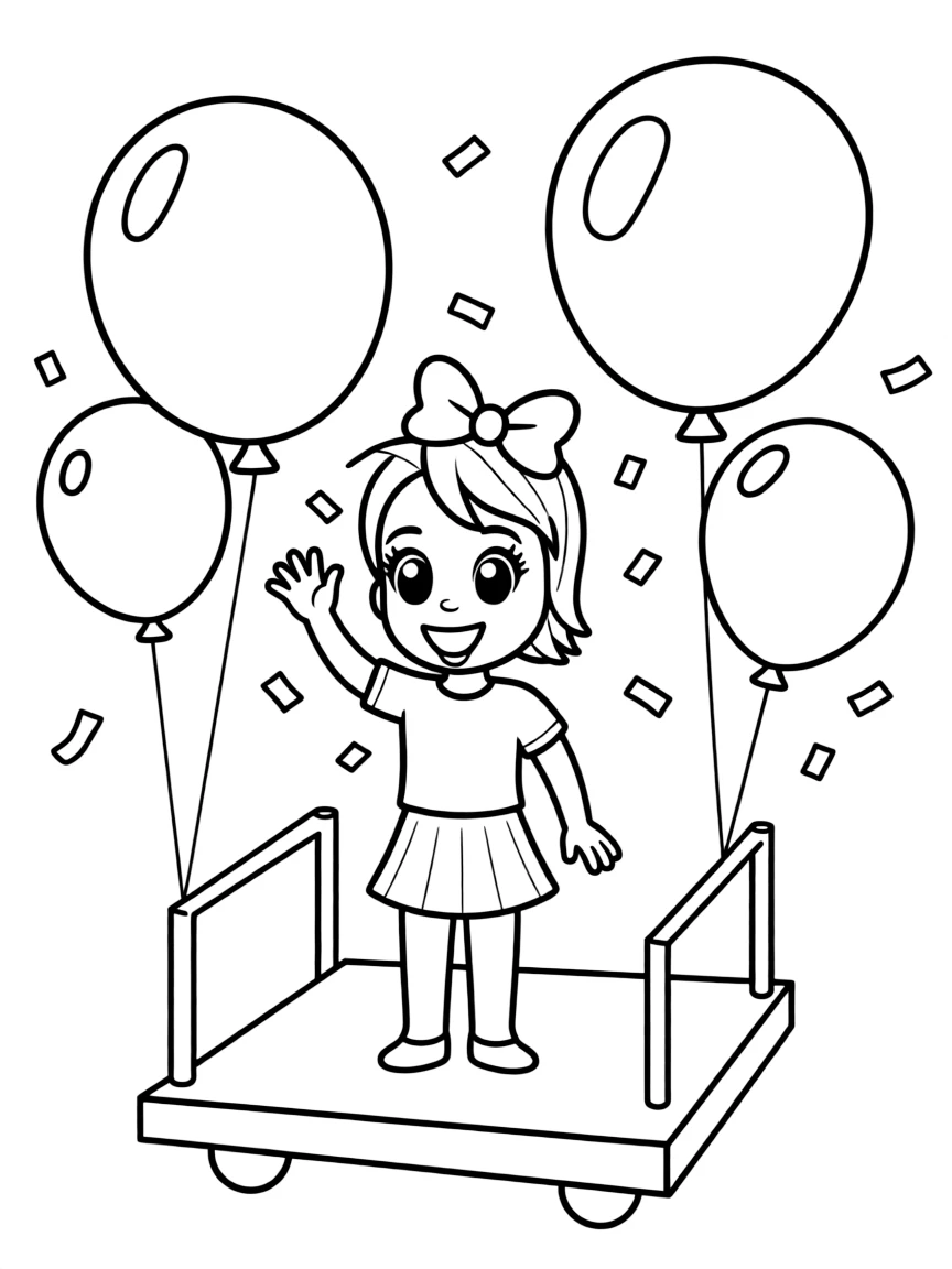JoJo Siwa waving from a parade float with balloons and confetti.