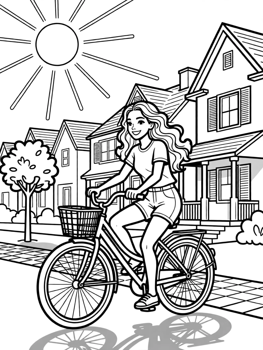 Rihanna riding a bicycle through a sunny neighborhood.