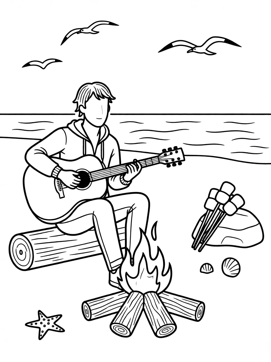 Post Malone playing guitar at a beach bonfire.