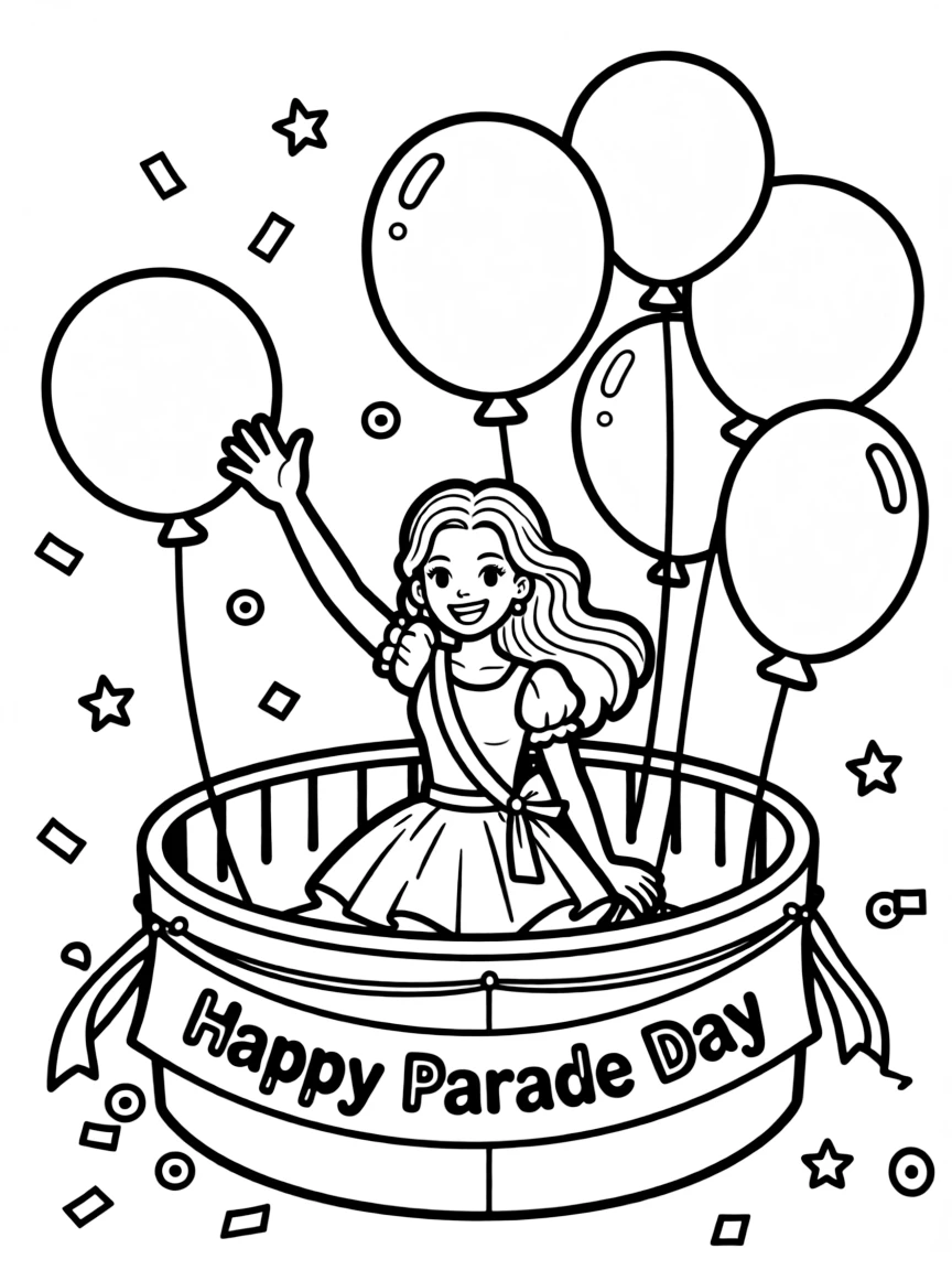 Rihanna waving from a parade float with balloons and confetti.