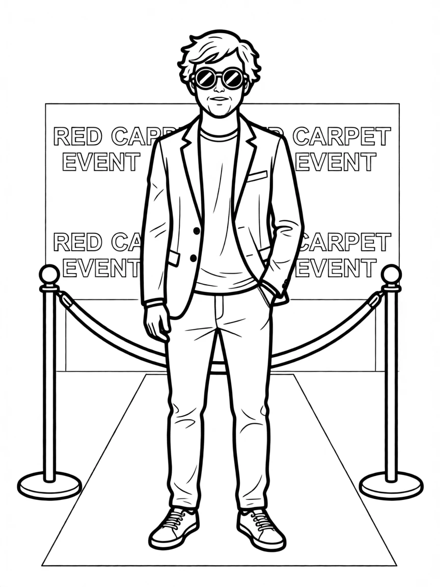 Ed Sheeran posing with sunglasses and a cool outfit on the red carpet.