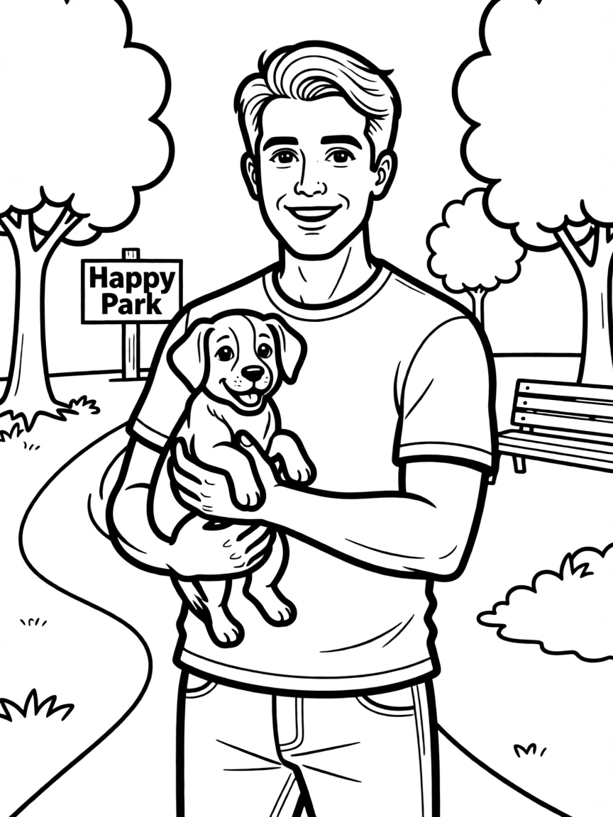 Robert Downey Jr. smiling and holding a puppy with a park background.