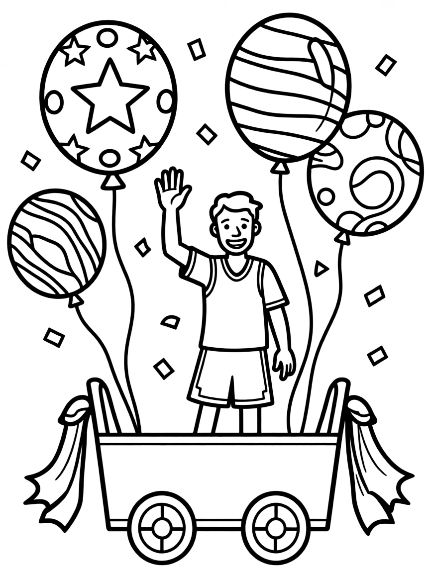 Stephen Curry waving from a parade float with balloons and confetti.