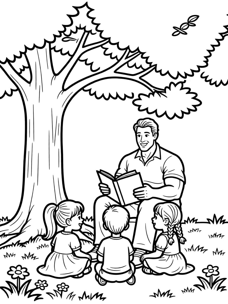 Dwayne Johnson reading a storybook to children under a tree.