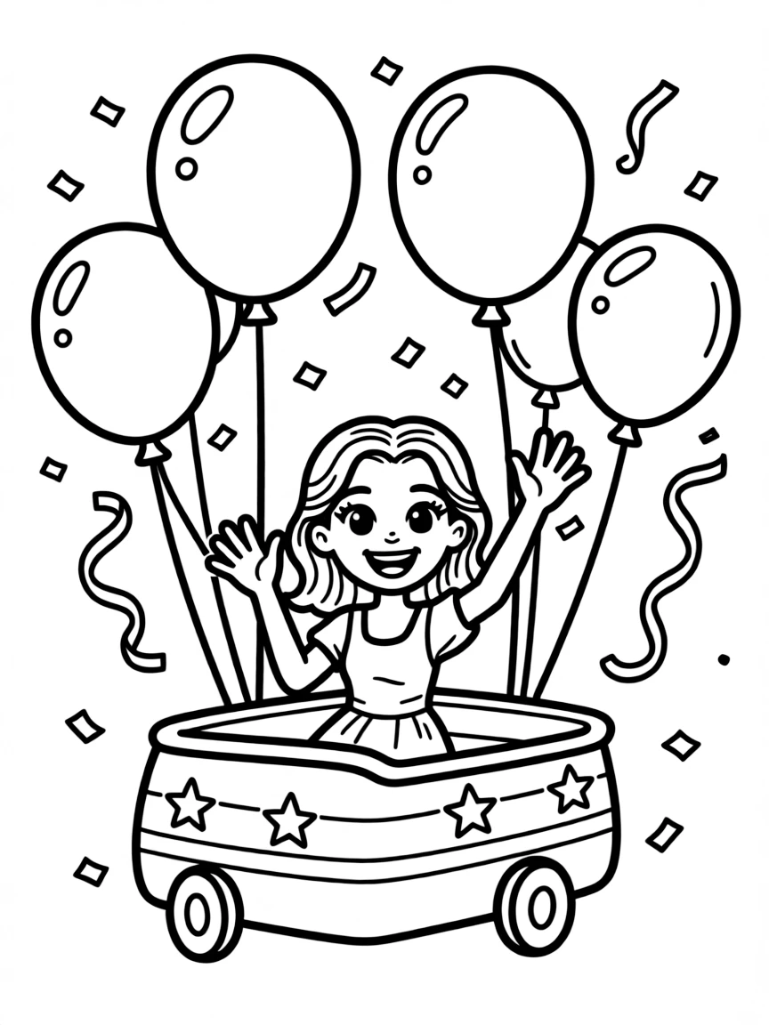 Dua Lipa waving from a parade float with balloons and confetti.