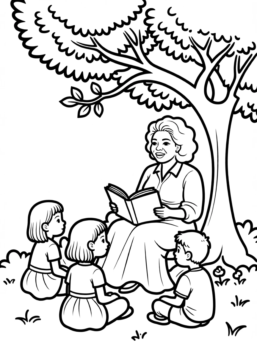 Oprah Winfrey reading a storybook to children under a tree.