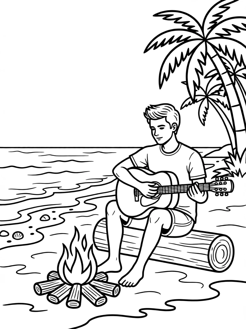 Taylor Lautner playing guitar at a beach bonfire.
