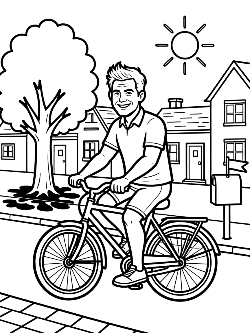 Gordon Ramsay riding a bicycle through a sunny neighborhood.