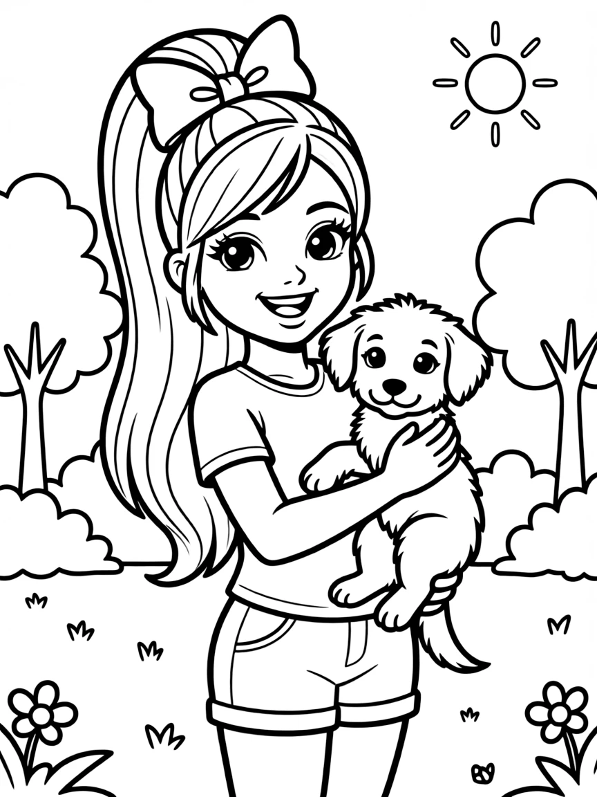 JoJo Siwa smiling and holding a puppy with a park background.