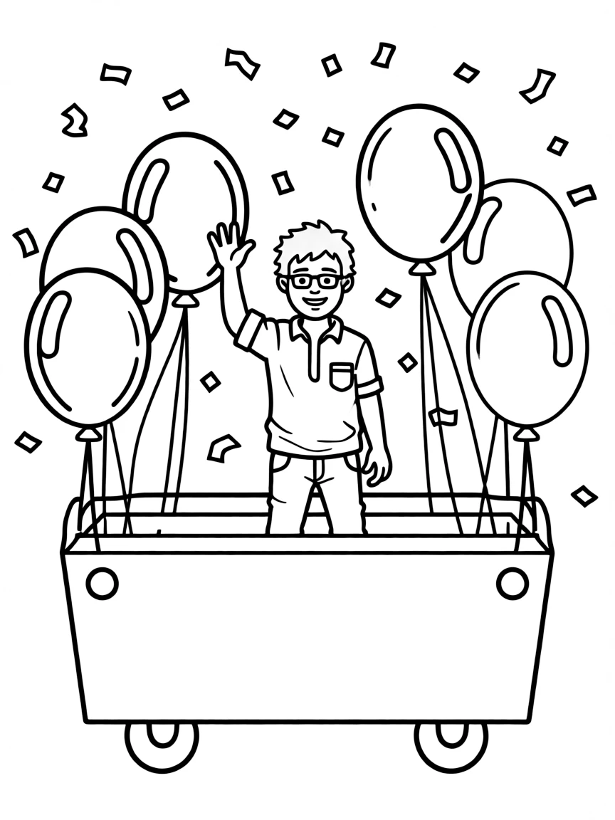 Ed Sheeran waving from a parade float with balloons and confetti.