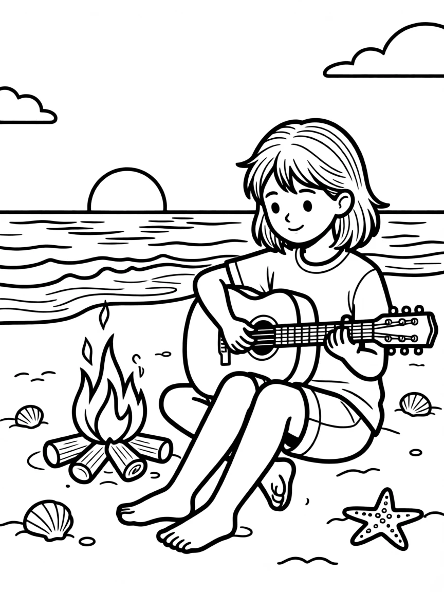Billie Eilish playing guitar at a beach bonfire.