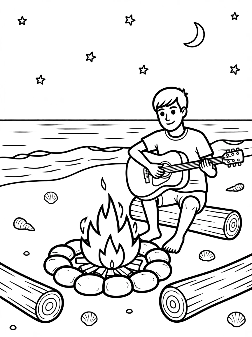 MrBeast playing guitar at a beach bonfire.