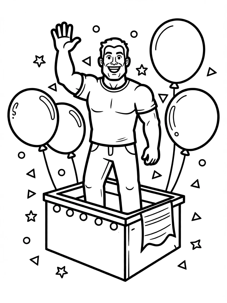 Dwayne Johnson waving from a parade float with balloons and confetti.