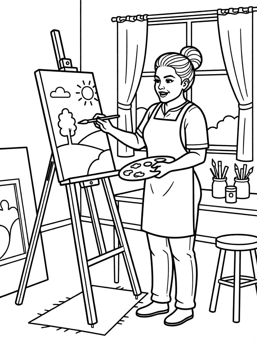 Lady Gaga painting a picture at an art studio.