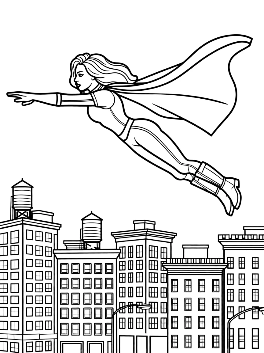 Rihanna wearing a superhero cape and flying over a cityscape.
