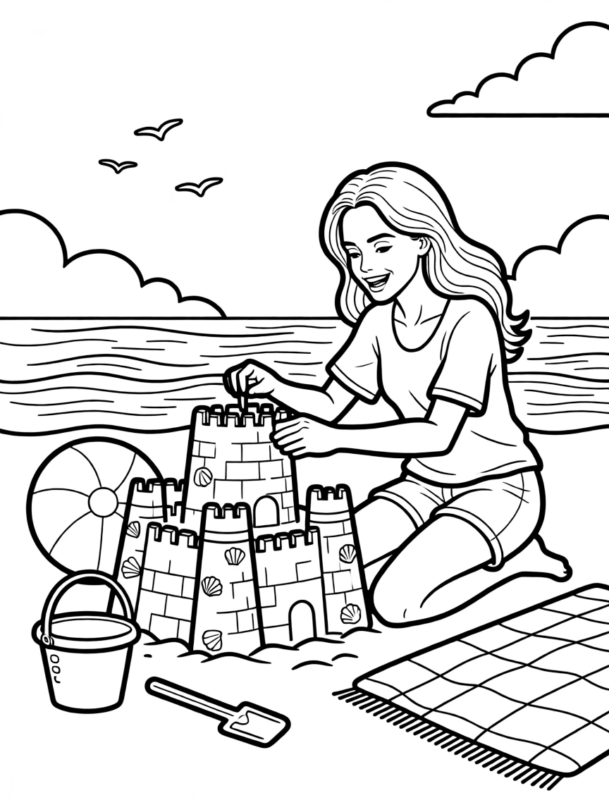 Angelina Jolie building a sandcastle at the beach.