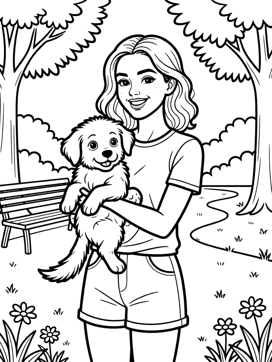 Dua Lipa smiling and holding a puppy with a park background.