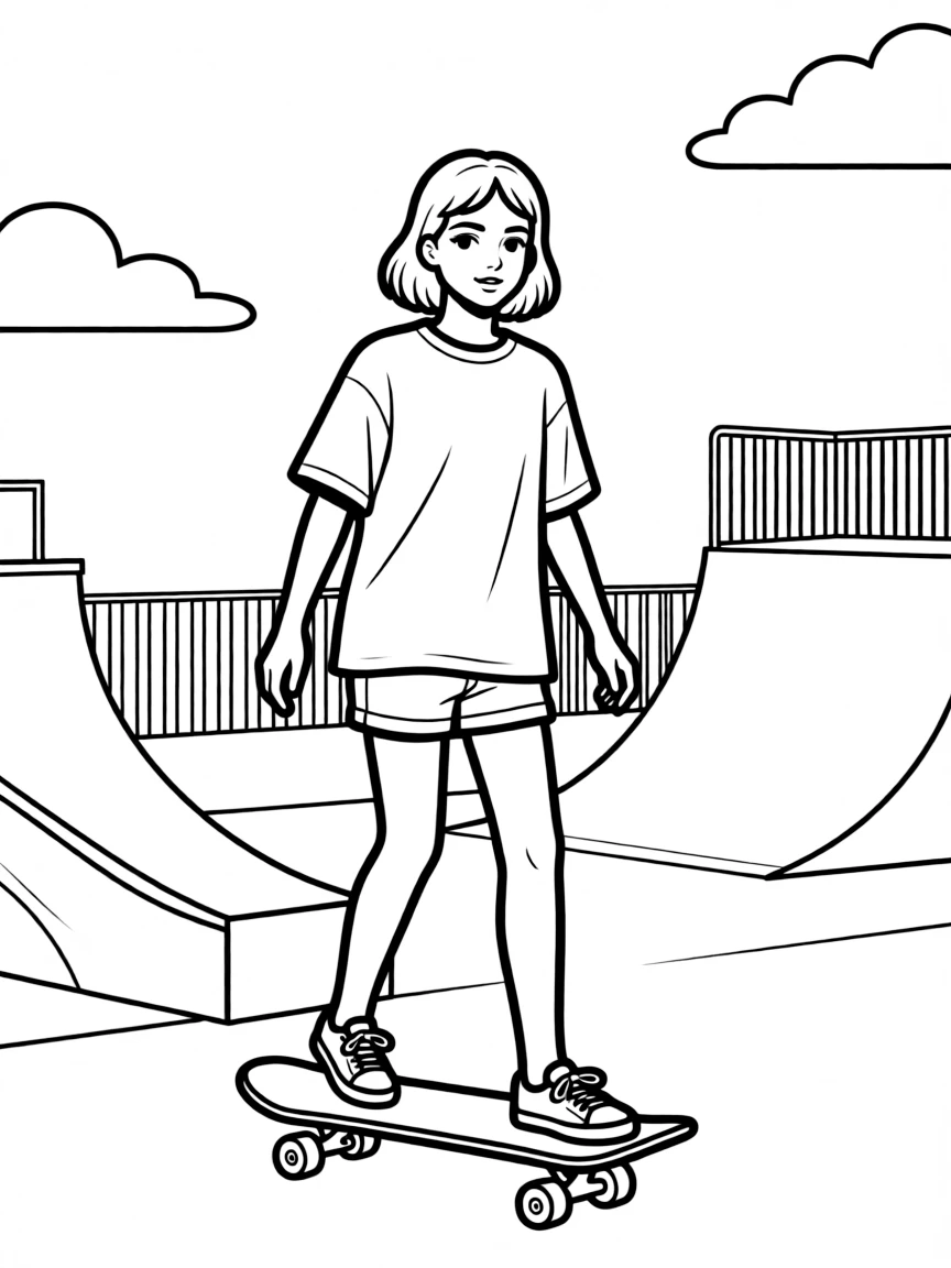 Dua Lipa skateboarding at a skate park.